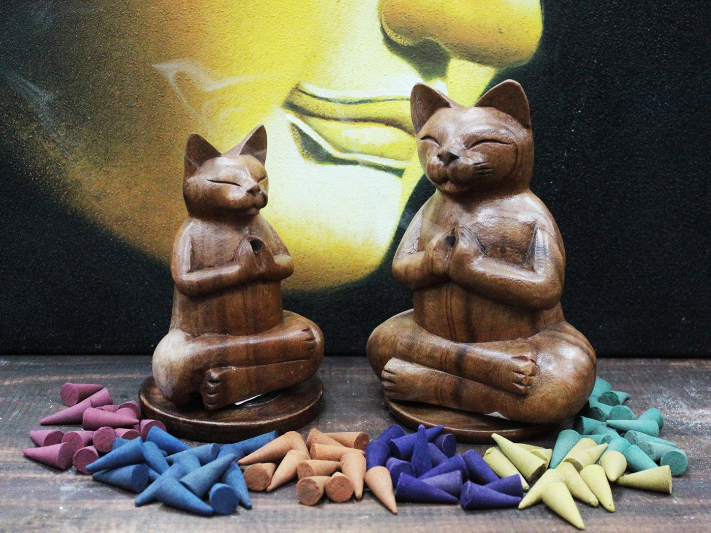 Wooden Carved Incense Burners - Yoga Cat