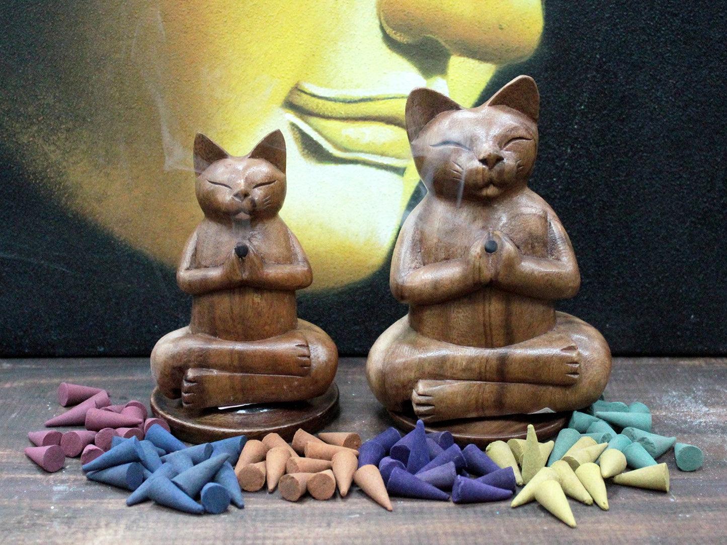 Wooden Carved Incense Burners - Yoga Cat